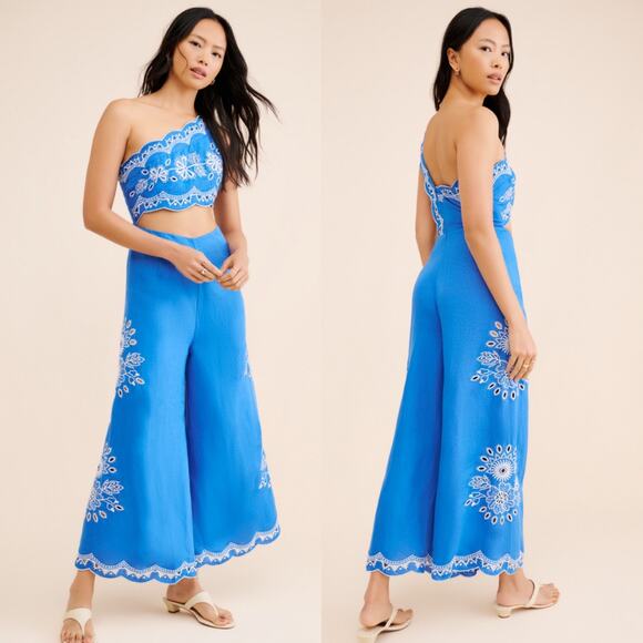 NWT Anthropologie Farm Rio One Shoulder Embroidered Cut Out Linen Jumpsuit Large - Picture 2 of 16
